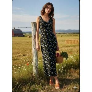 Vintage Ann Taylor Size 6 Black Tulip Pattern Floral Maxi Dress Cottagecore